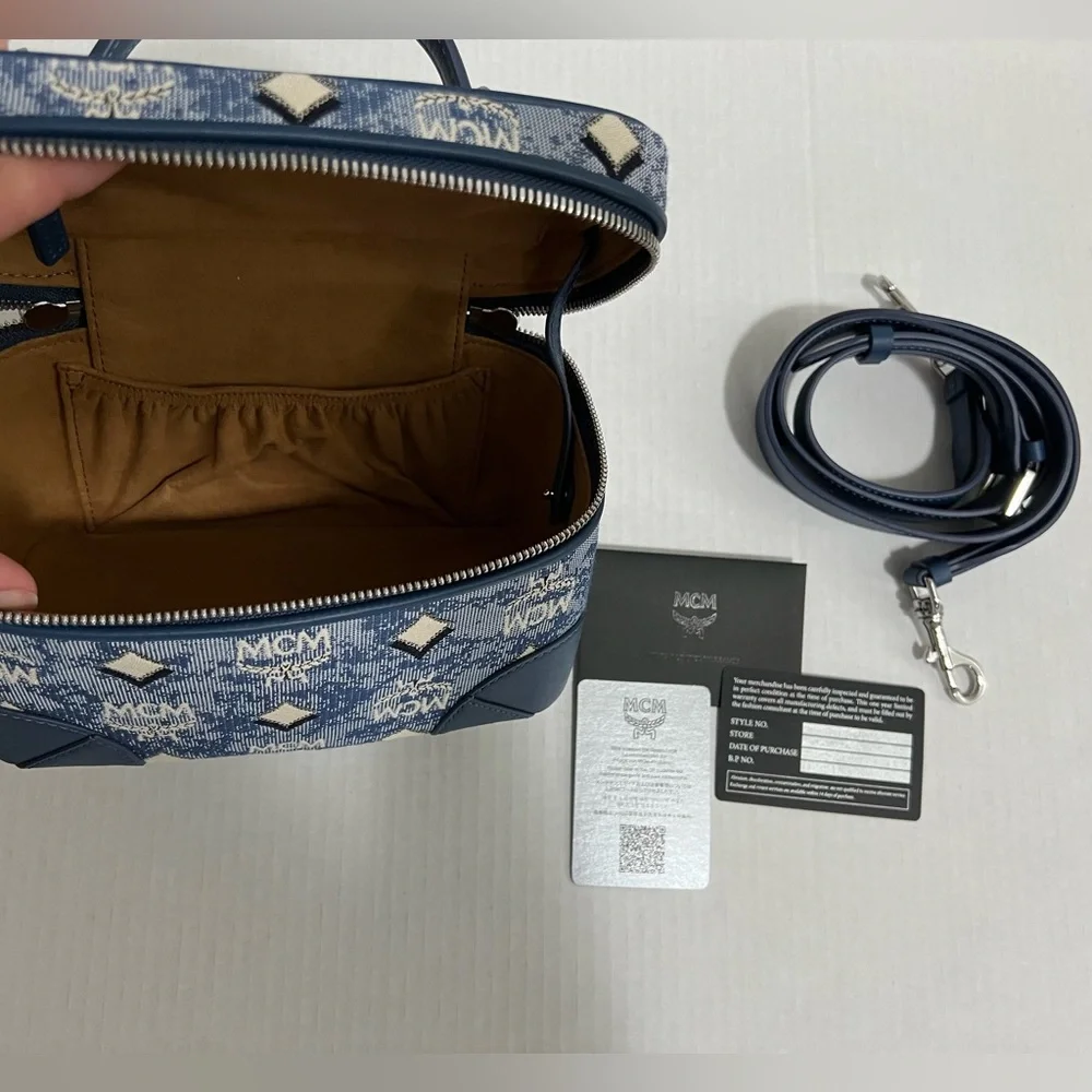 MCM Blue Logo Monogram Crossbody Vanity Case